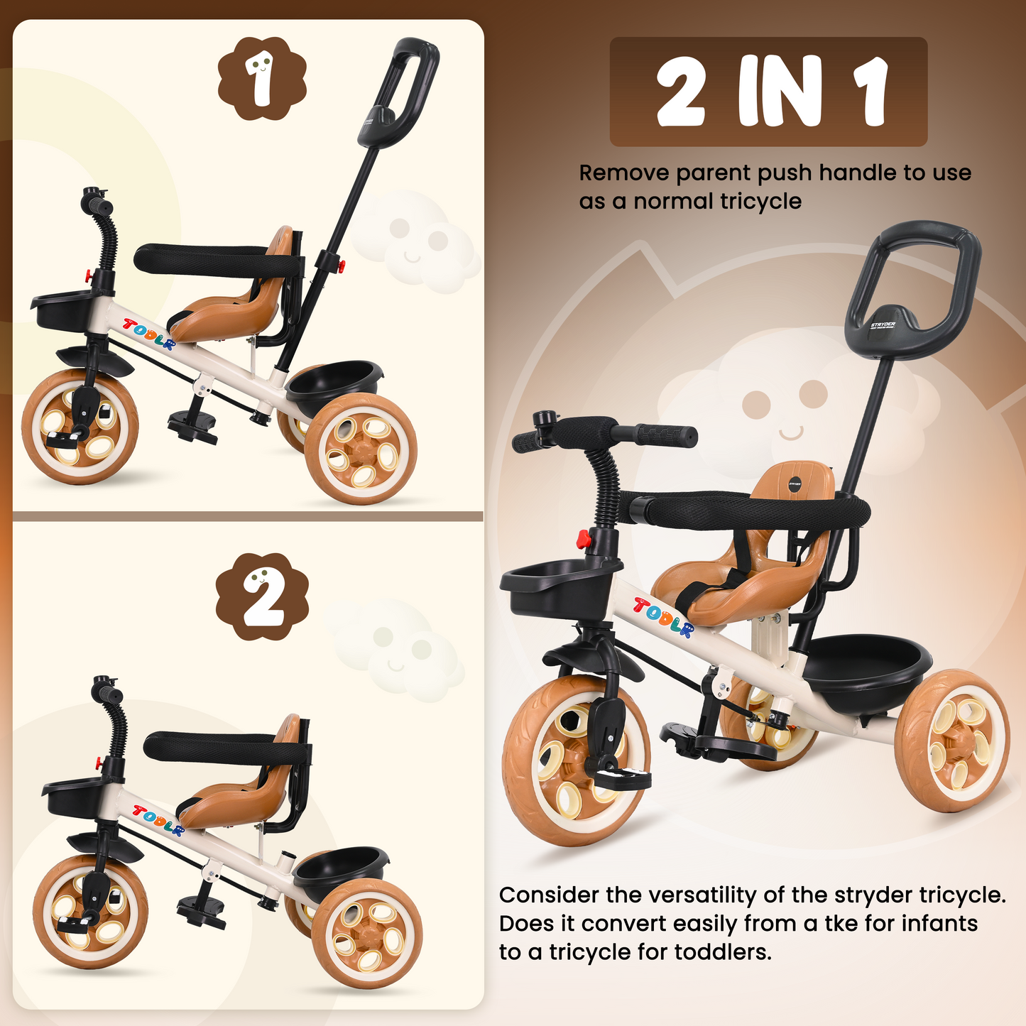 Nody Plus Tricycle With Parental Control & Harness - Brown 