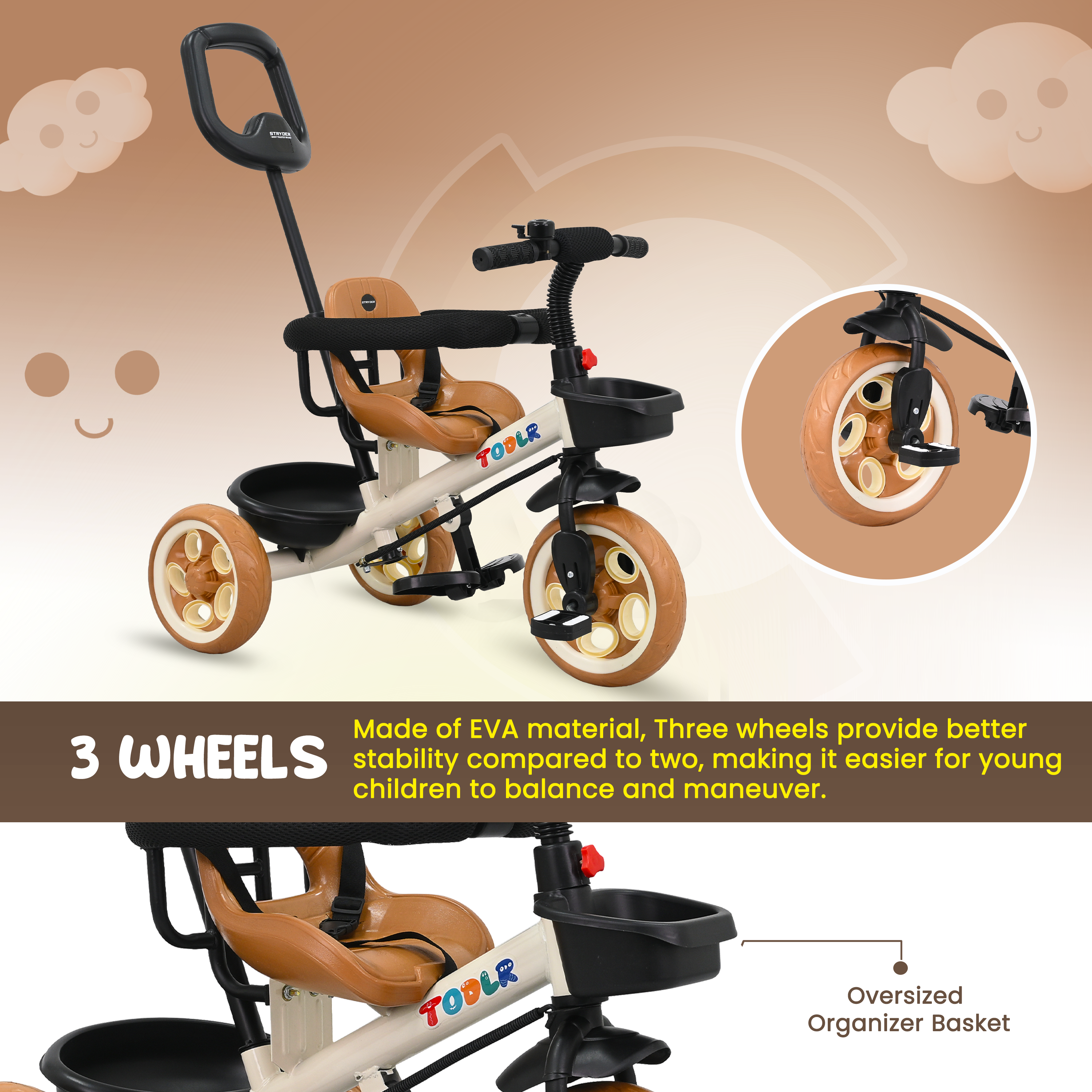 Nody Plus Tricycle With Parental Control & Harness - Brown 