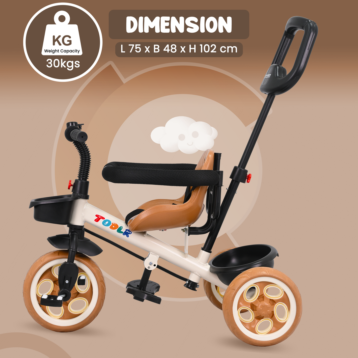 Nody Plus Tricycle With Parental Control & Harness - Brown 