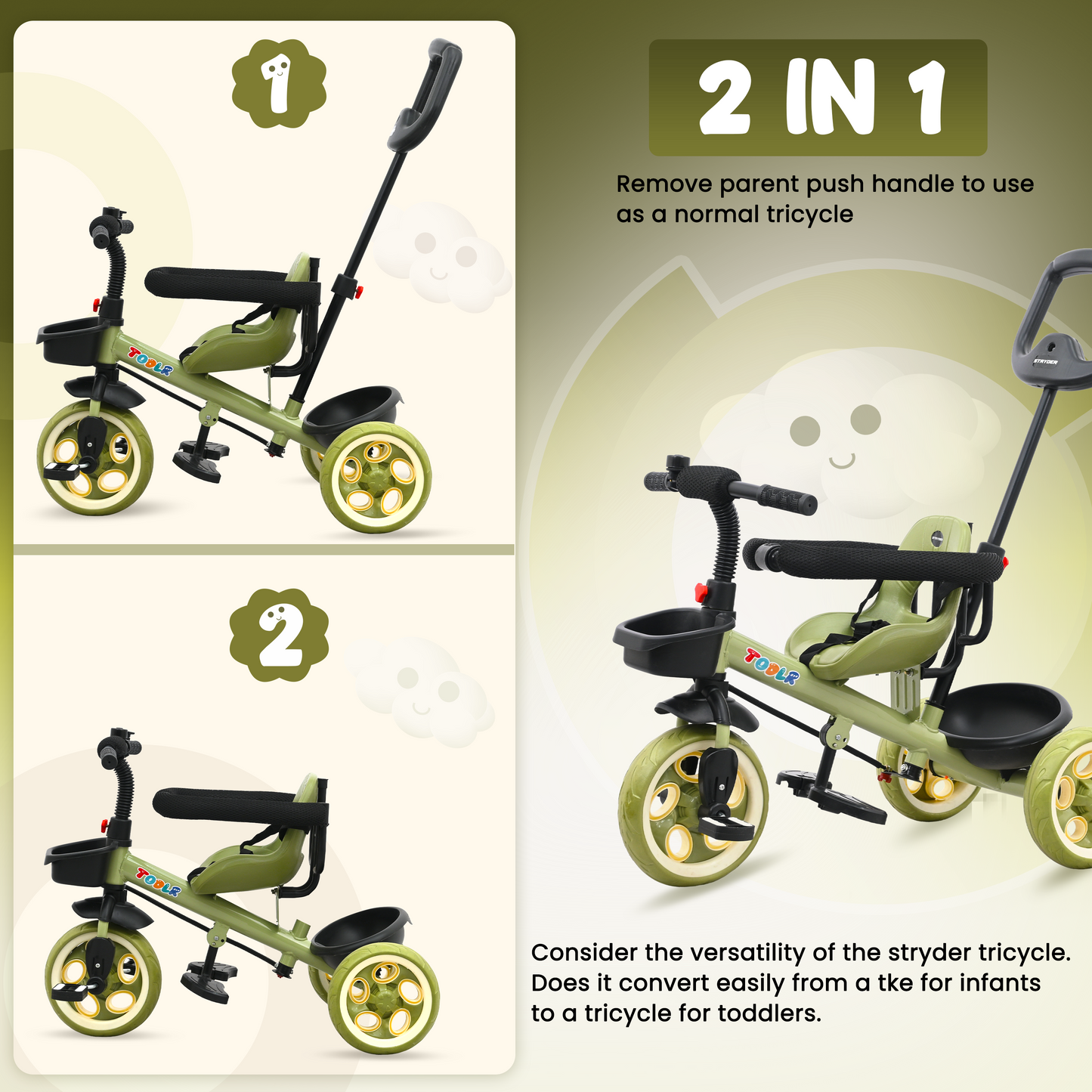 Nody Plus Tricycle With Parental Control & Harness - Green 