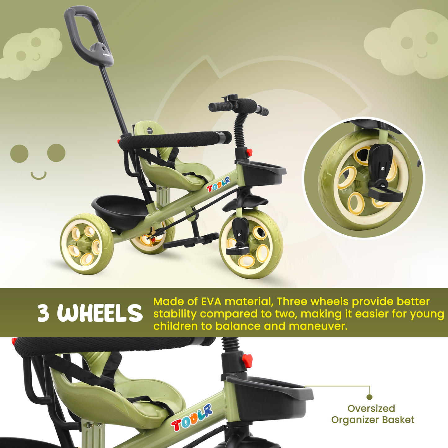 Nody Plus Tricycle With Parental Control & Harness - Green 