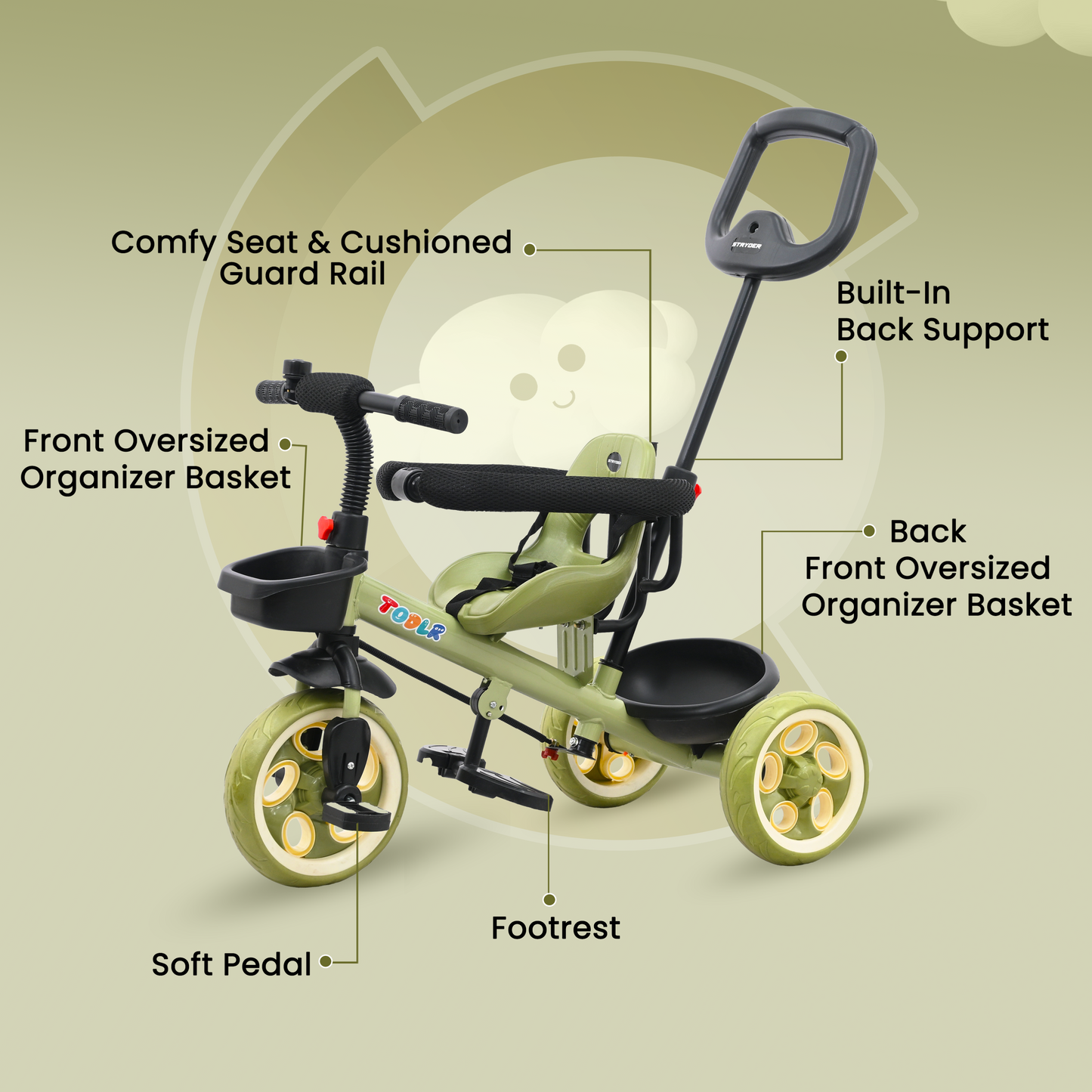 Nody Plus Tricycle With Parental Control & Harness - Green 