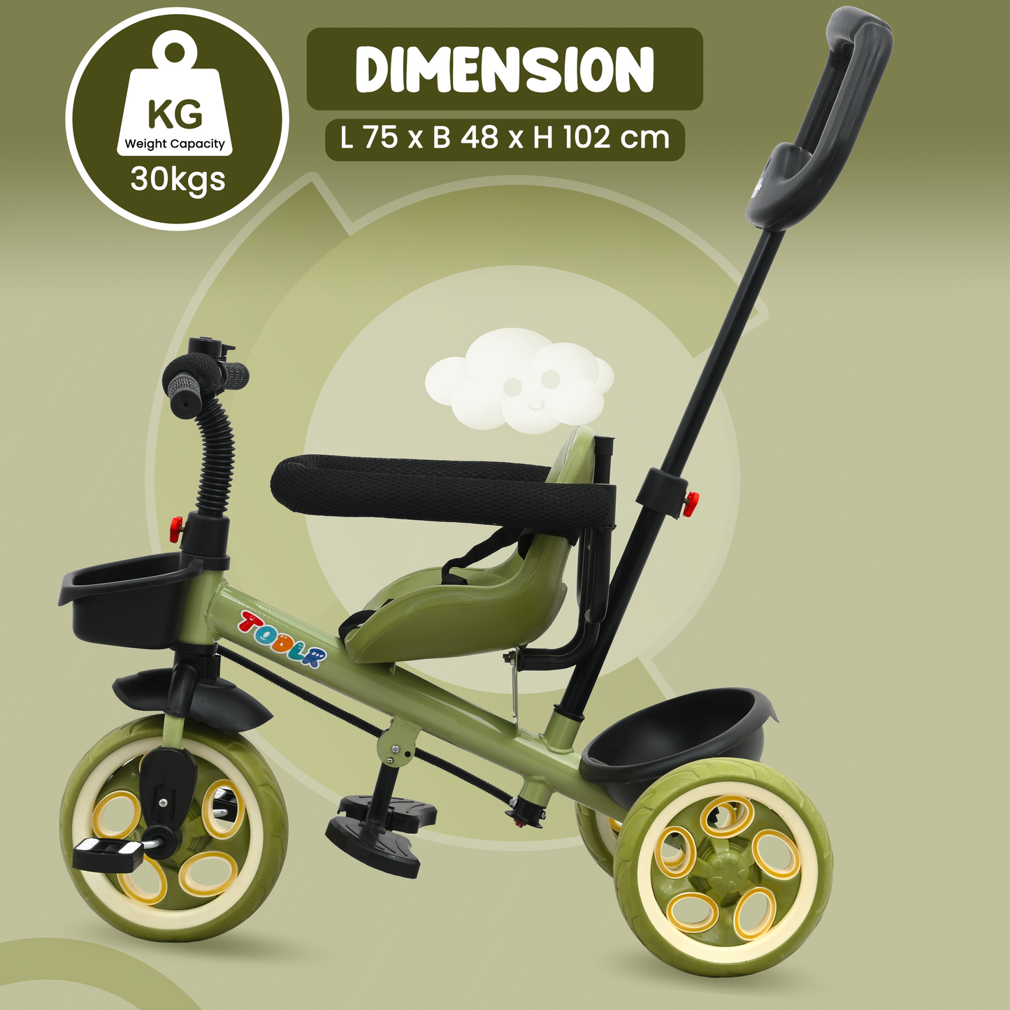 Nody Plus Tricycle With Parental Control & Harness - Green 